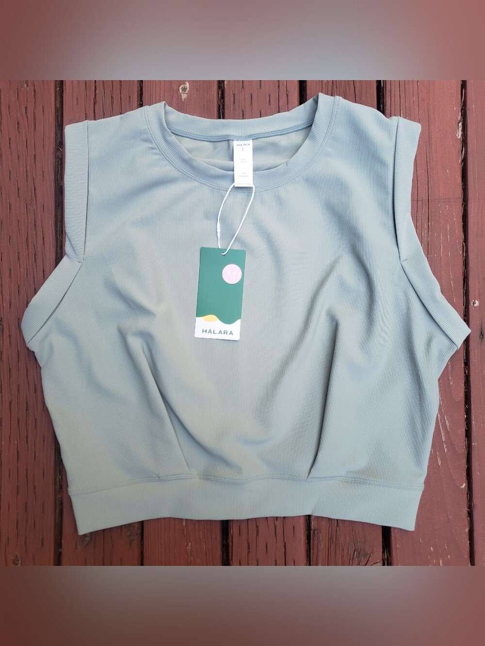 NWT Halara Green Striped Cropped Yoga Tank Top W/ Folded Sleeves  - L